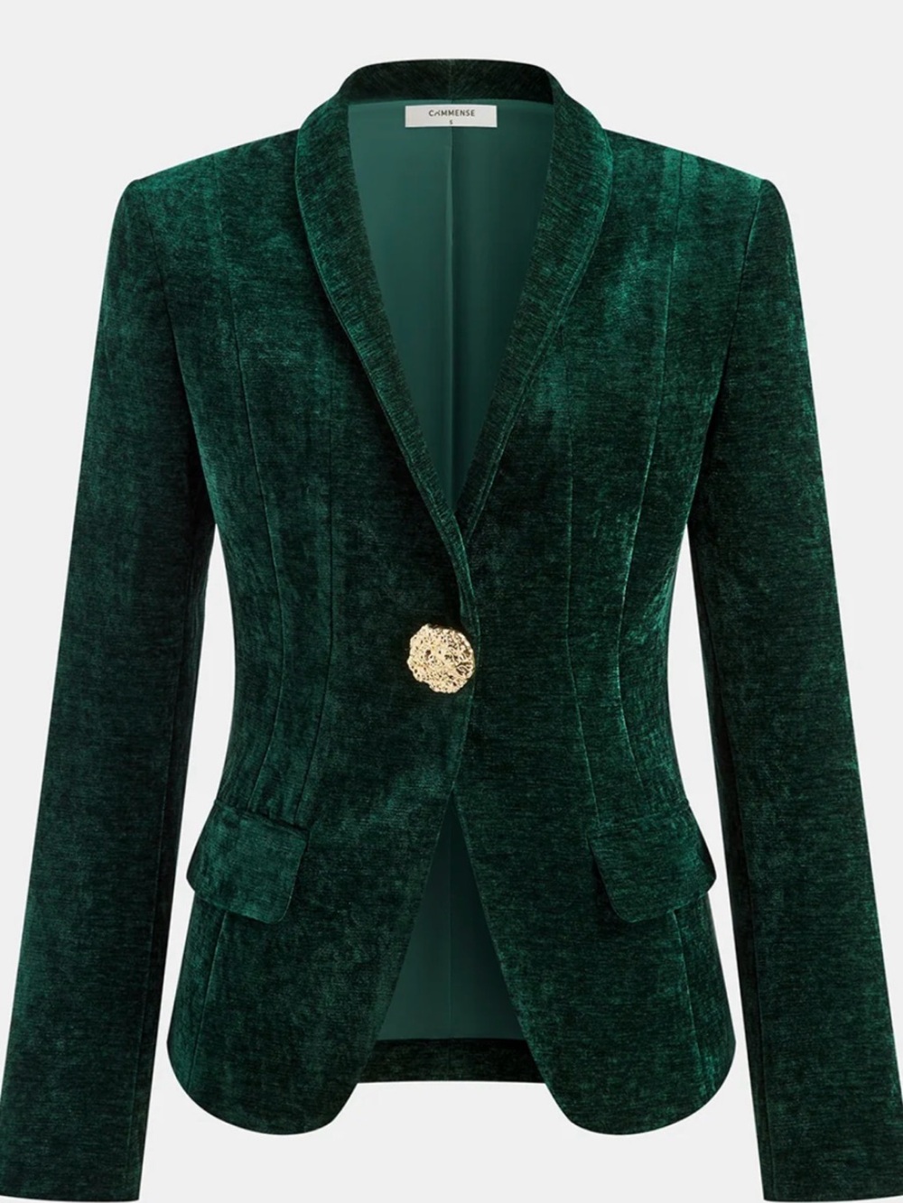 Commense Emerald Velvet Blazer with Gold Decorative Button